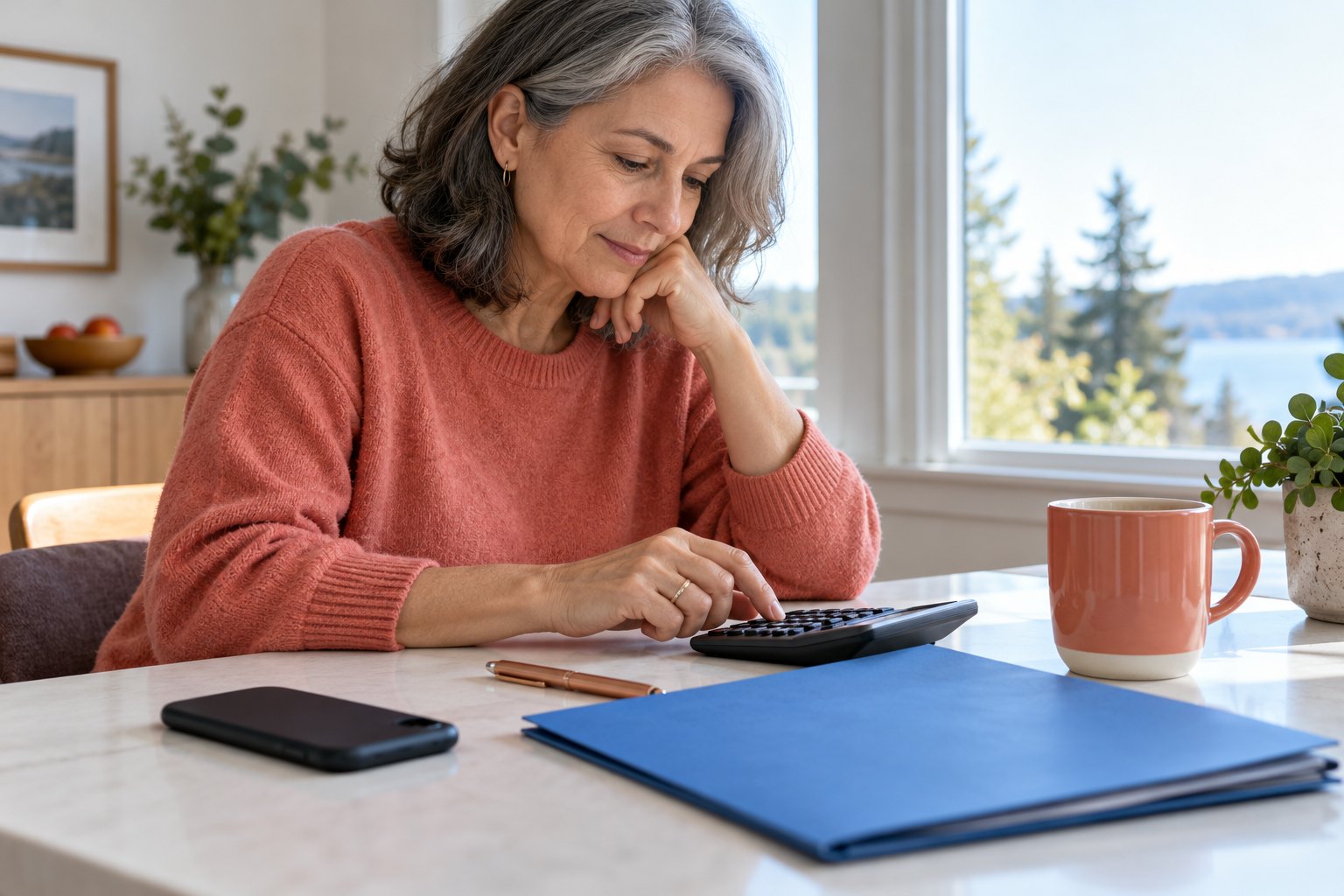 Phone, folder and calculator on a pale desk. Illustrative photograph.